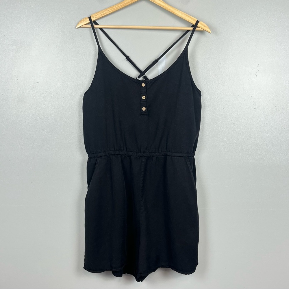 Tentree black tencel Lyocell strappy crossback romper, size large.